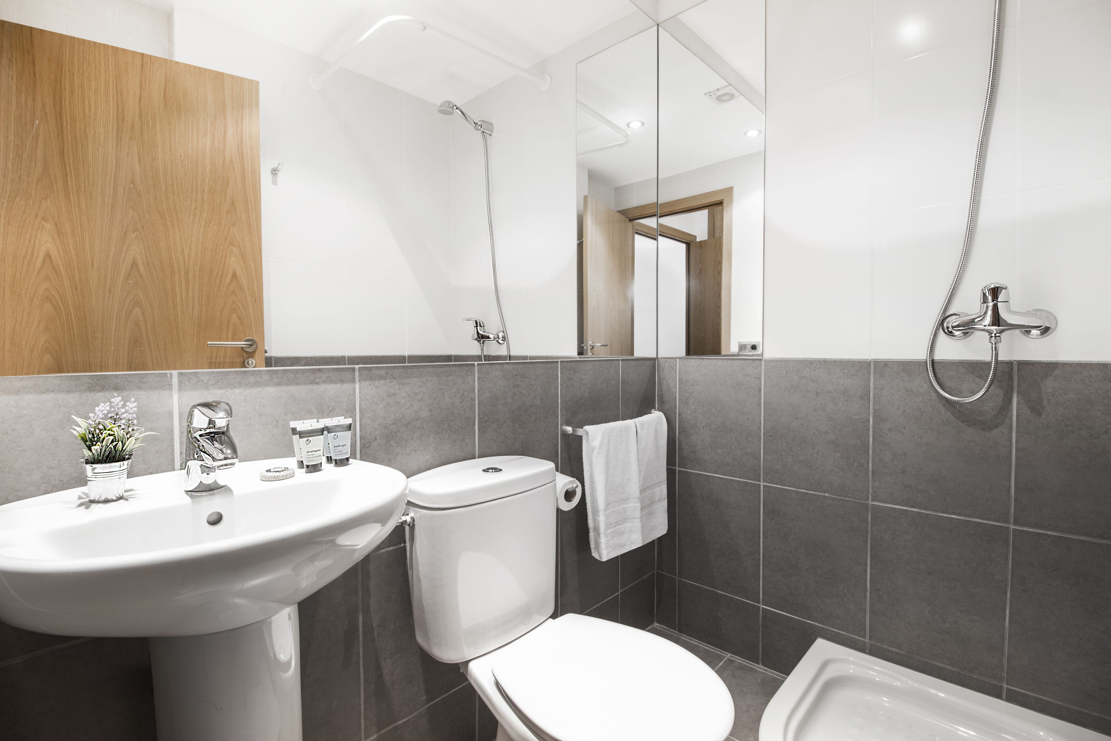 Une salle de bain moderne équipée d’un lavabo, de toilettes et d’une douche.