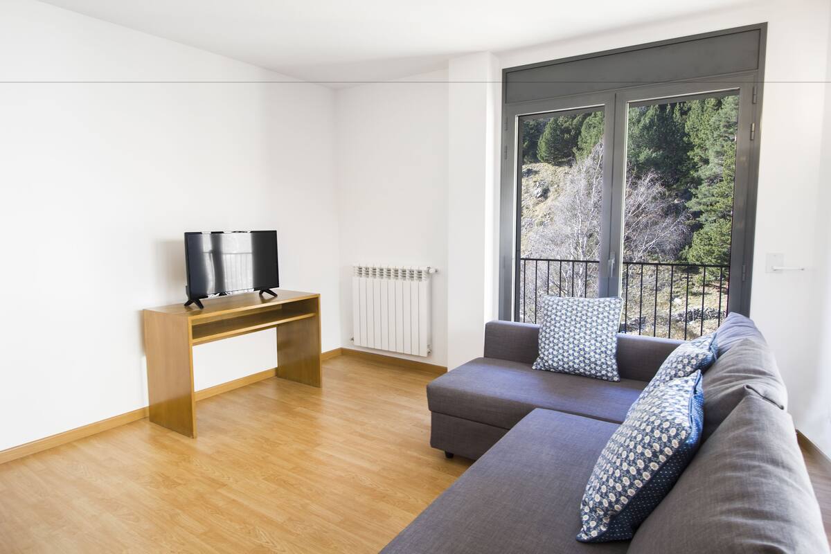 A modern living room with a grey sofa, a wooden side table, a TV, and a large window with a view of trees.
