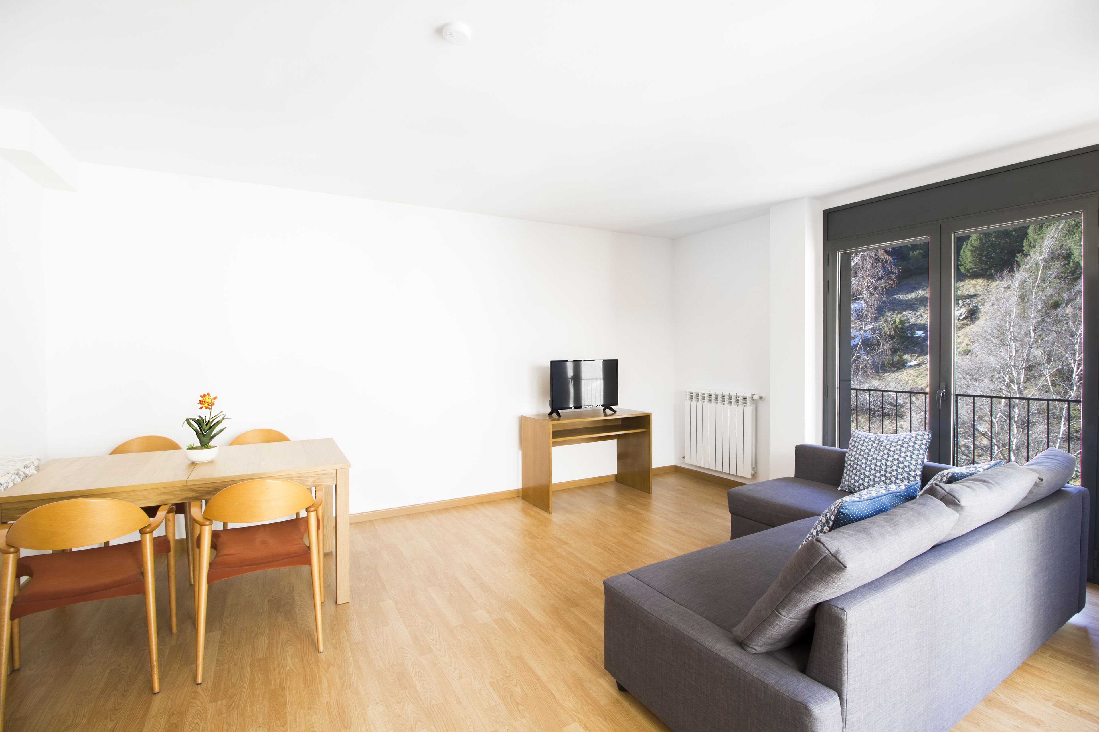 A modern living room with a wooden dining table, grey sofa, and a TV on a wooden stand.