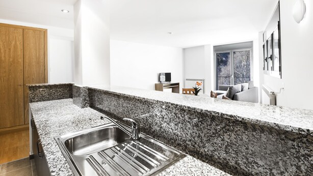 A modern kitchen with granite countertops, stainless steel sink, and wooden cabinets. - Font del Ferro Apartaments (Ransol)