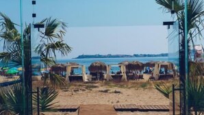A beach view with a wooden pathway leading to beach umbrellas and palm trees. - Apolonia Resort (Sozopol)