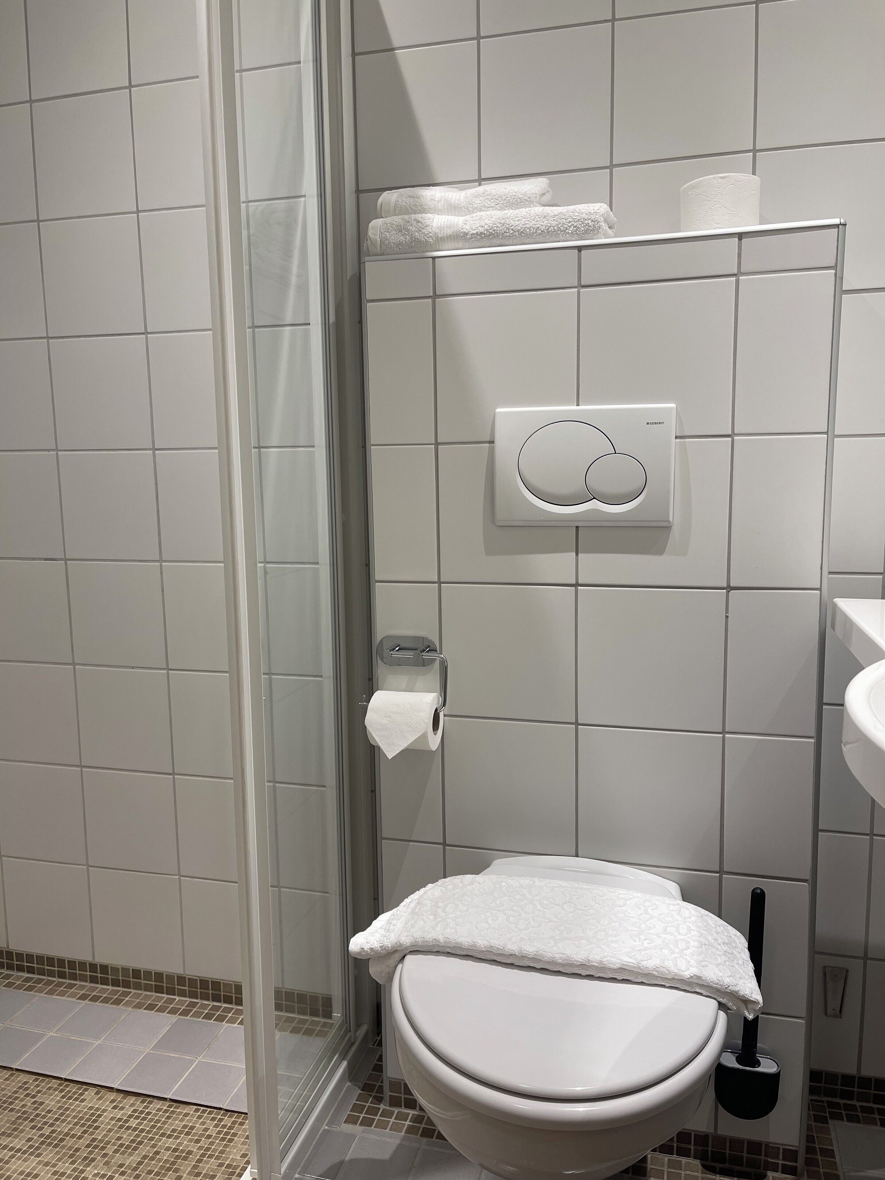 Un baño con inodoro, ducha y lavamanos.