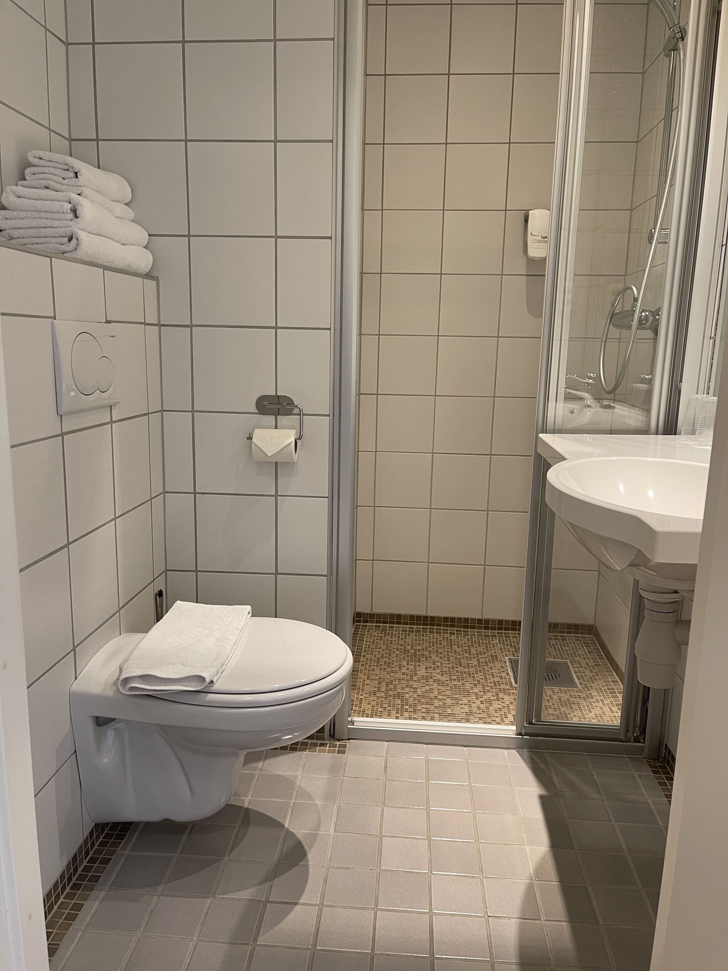 Un baño con inodoro, ducha y lavamanos.