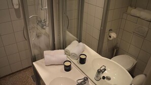 A bathroom with a glass shower enclosure, a sink, a toilet, and a mirror. - Gjestehuset Kristiansund (Kristiansund)