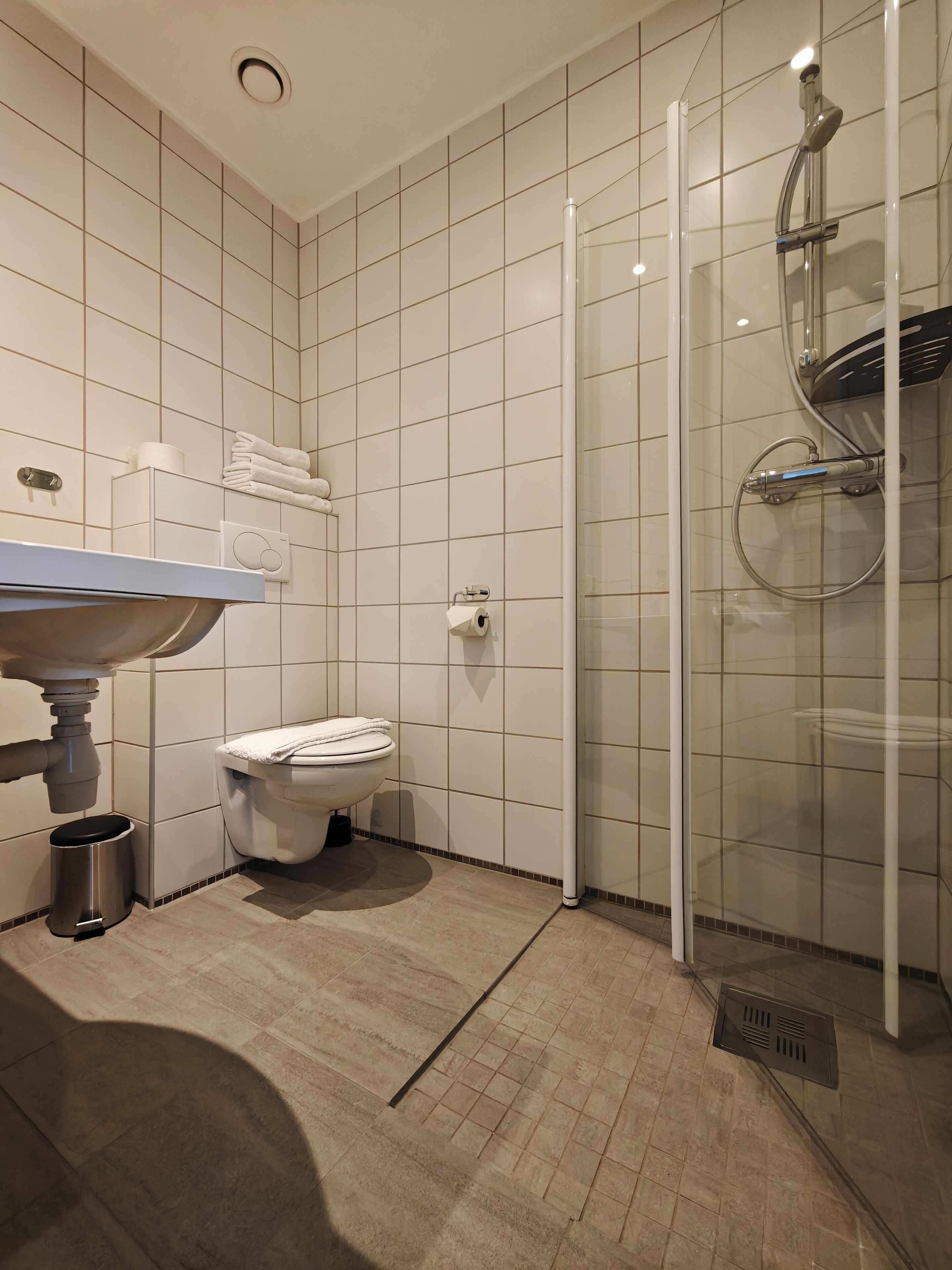 A modern bathroom with a sink, toilet, and glass-enclosed shower.