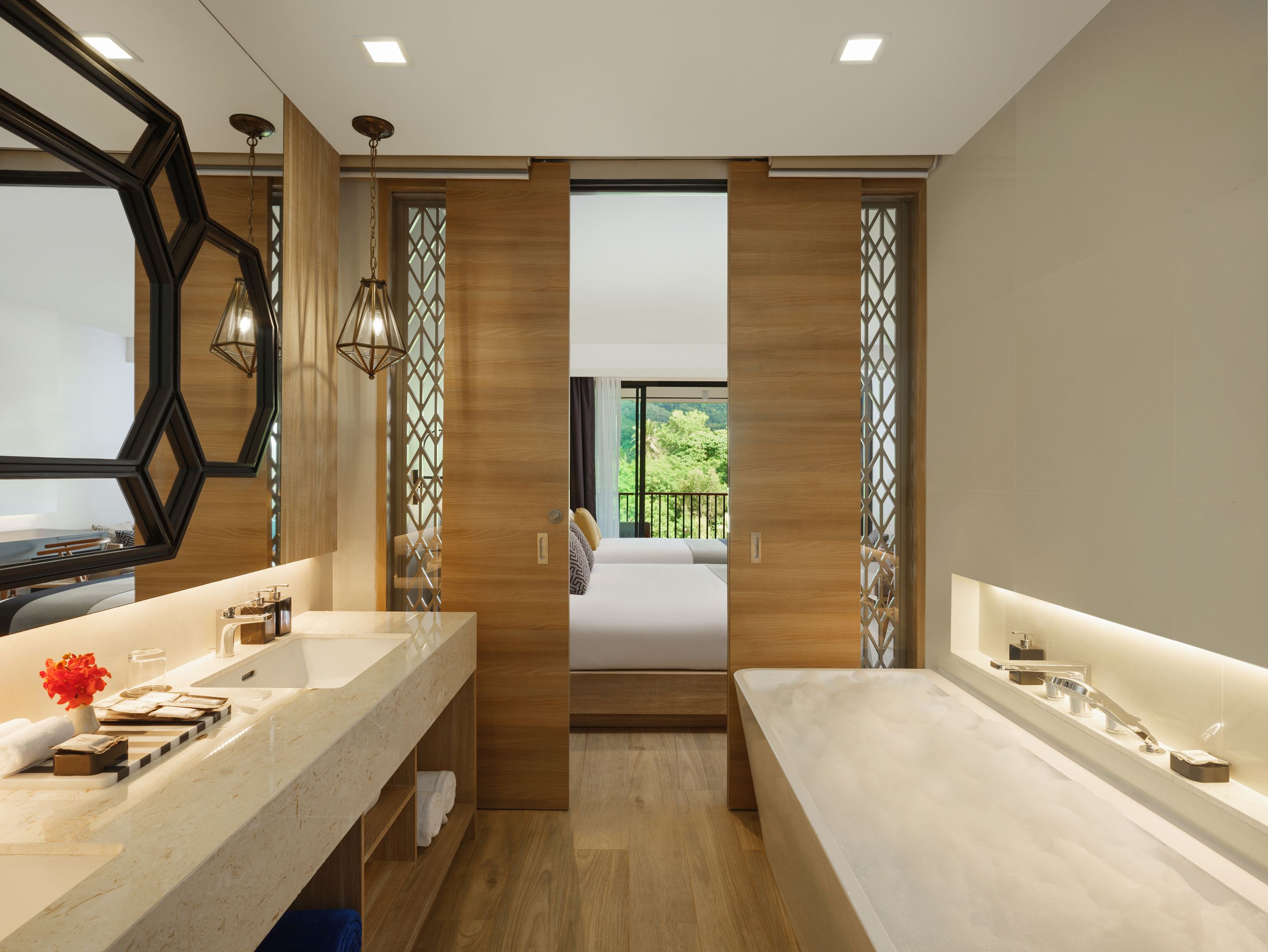 separate bathtub and shower, deep-soaking bathtub, rainfall showerhead