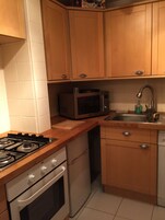 Full-sized fridge, microwave, oven, stovetop