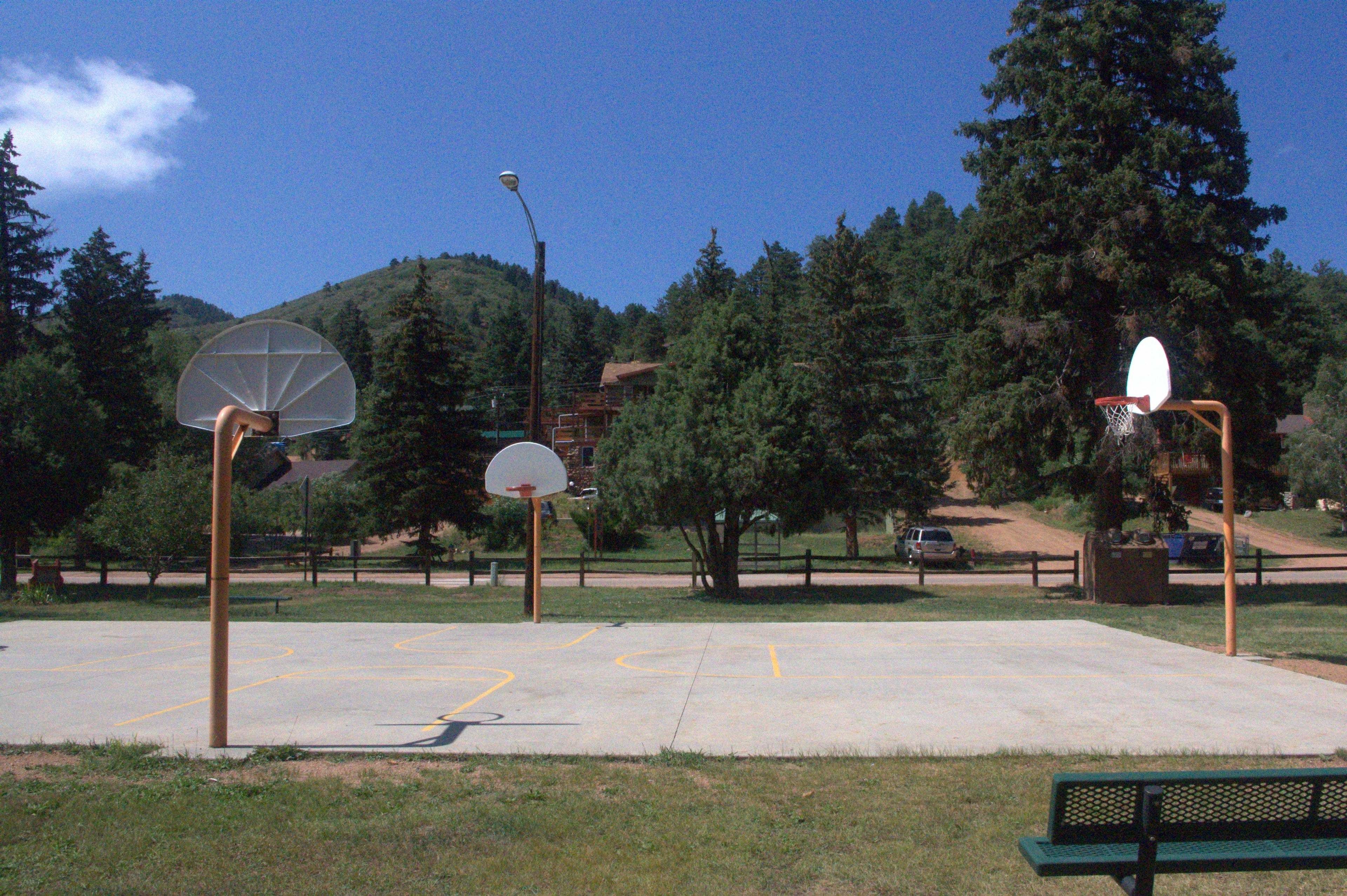 Ein Basketballplatz mit zwei Körben, umgeben von Bäumen und einem Berg im Hintergrund.