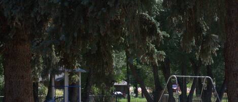 A playground with a slide and swings, surrounded by trees.