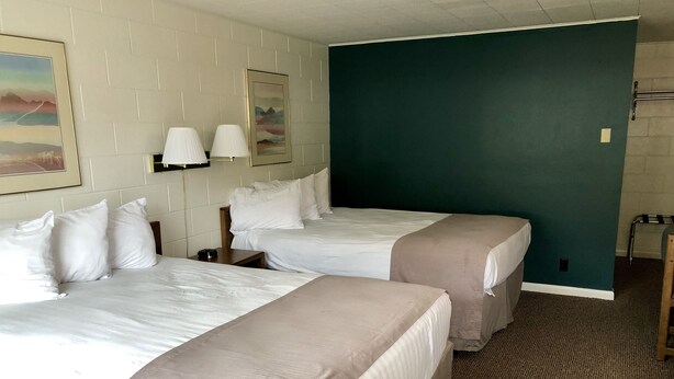 A hotel room with two beds, a nightstand, a lamp, and a painting on the wall.