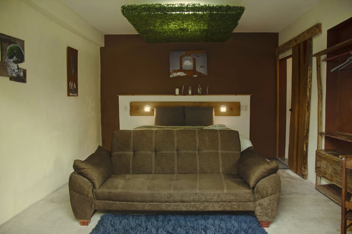 Una habitación acogedora con un sofá marrón, un tapete azul y un jardín vertical verde en el techo.