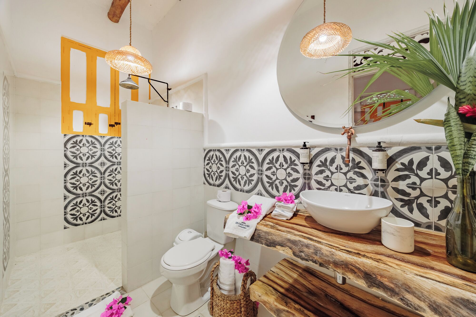 Un baño con un inodoro blanco, un lavamanos grande y un espejo sobre él. Hay una encimera de madera y una planta a la derecha.