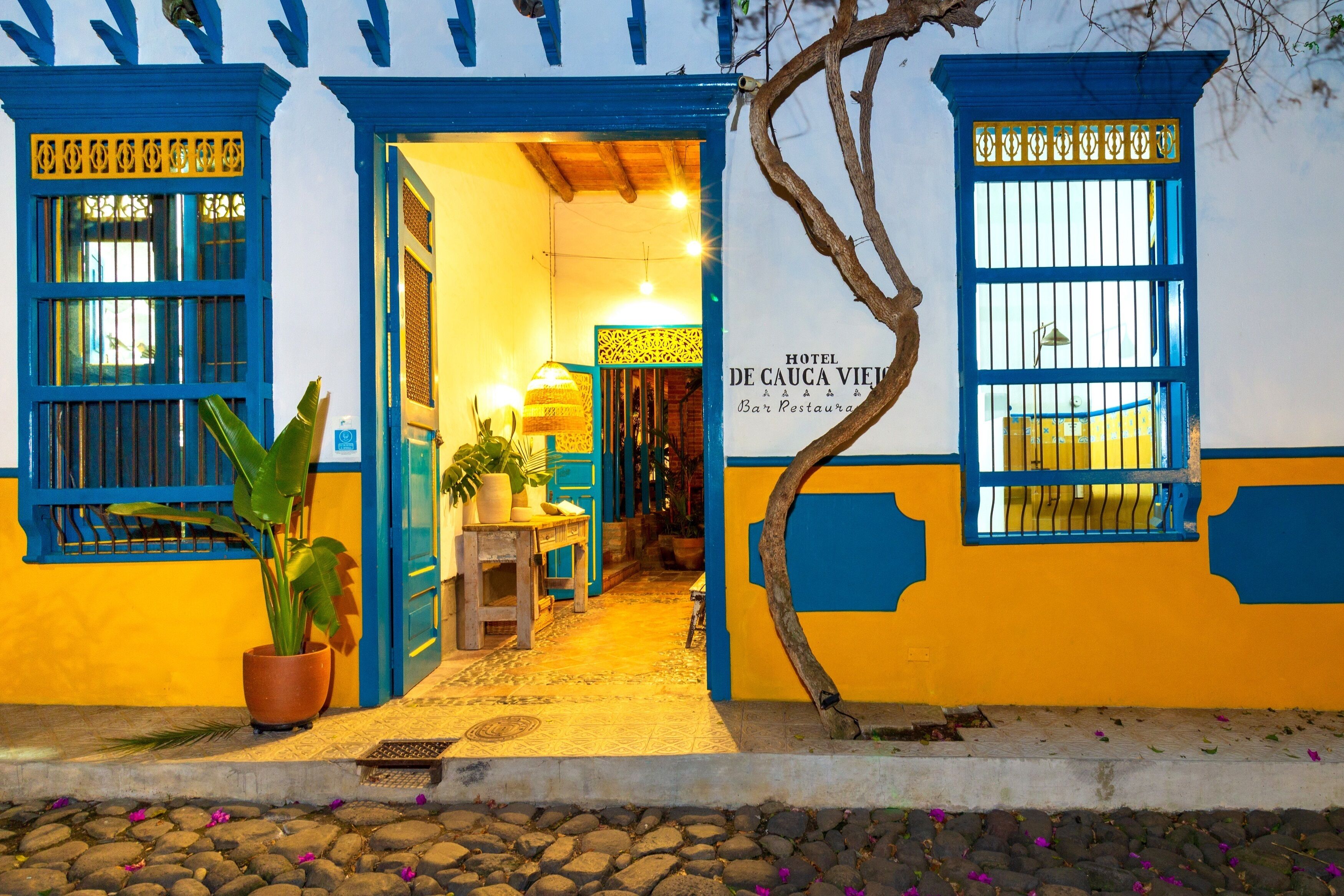 A hotel entrance with a yellow and blue facade, a sign reading "Hotel de Cauca Vie Bar Restaurante," and a potted plant in the foreground.