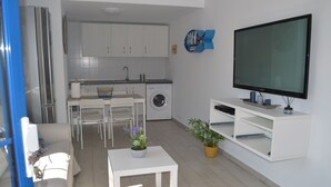 Een knus woongedeelte met kitchenette, een eethoek, een bank, een televisie en een klein tafeltje met een plant.