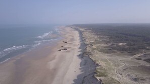 Eine Luftaufnahme einer Küstenlandschaft mit Sandstrand, Felsenformationen und dichten Wäldern.