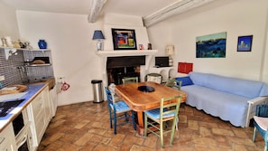 Televisión, chimenea y libros 