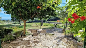 Un patio de piedra con mesa y sillas de madera, rodeado de abundante vegetación y vistas a viñedos.