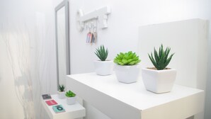Une salle de bain propre et blanche, avec trois plantes en pot sur une étagère et une petite table sur laquelle se trouvent un téléphone et un objet rose.