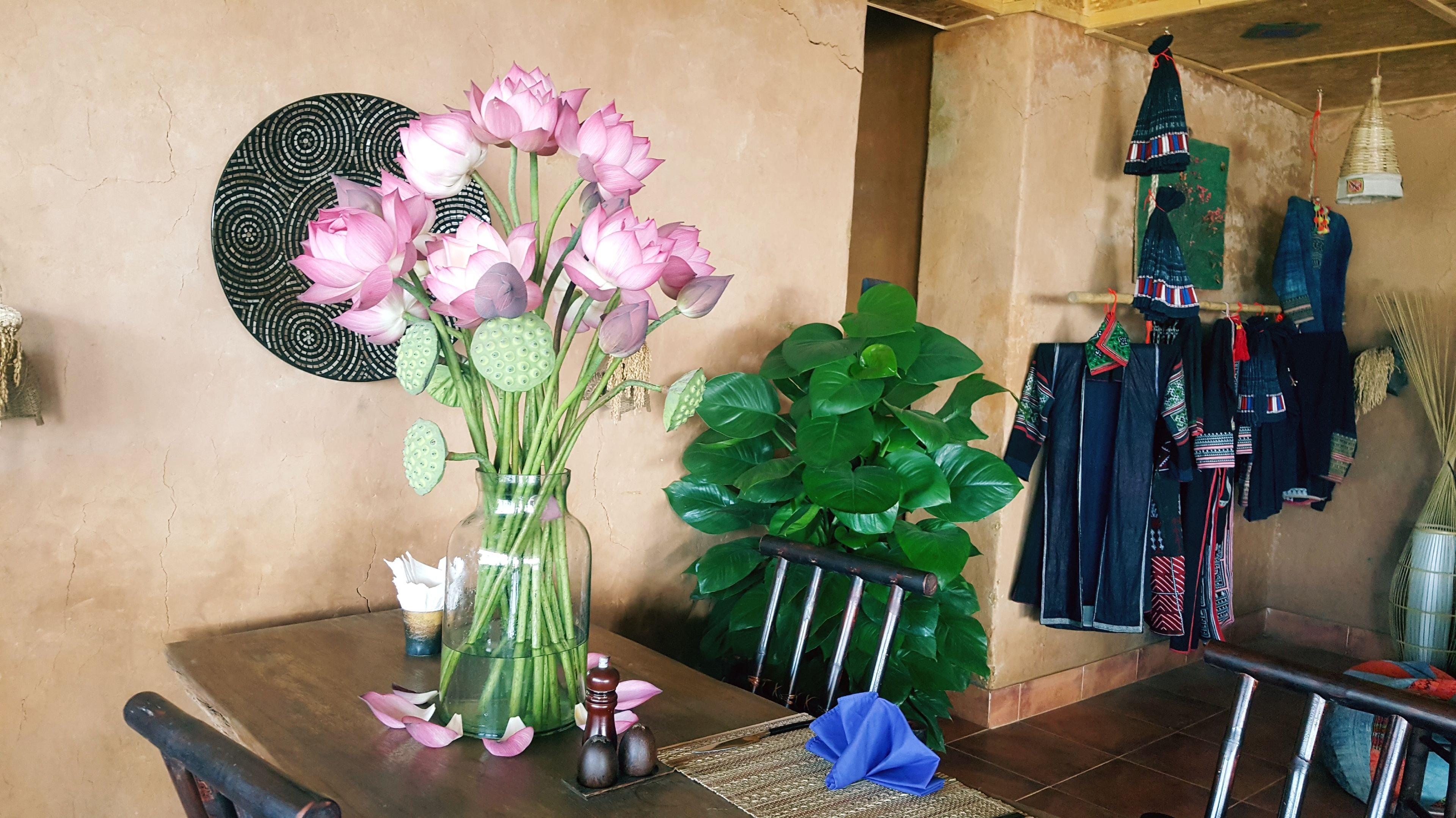 A room with a table displaying a vase of pink flowers, a large green plant, and a wall with traditional clothing.