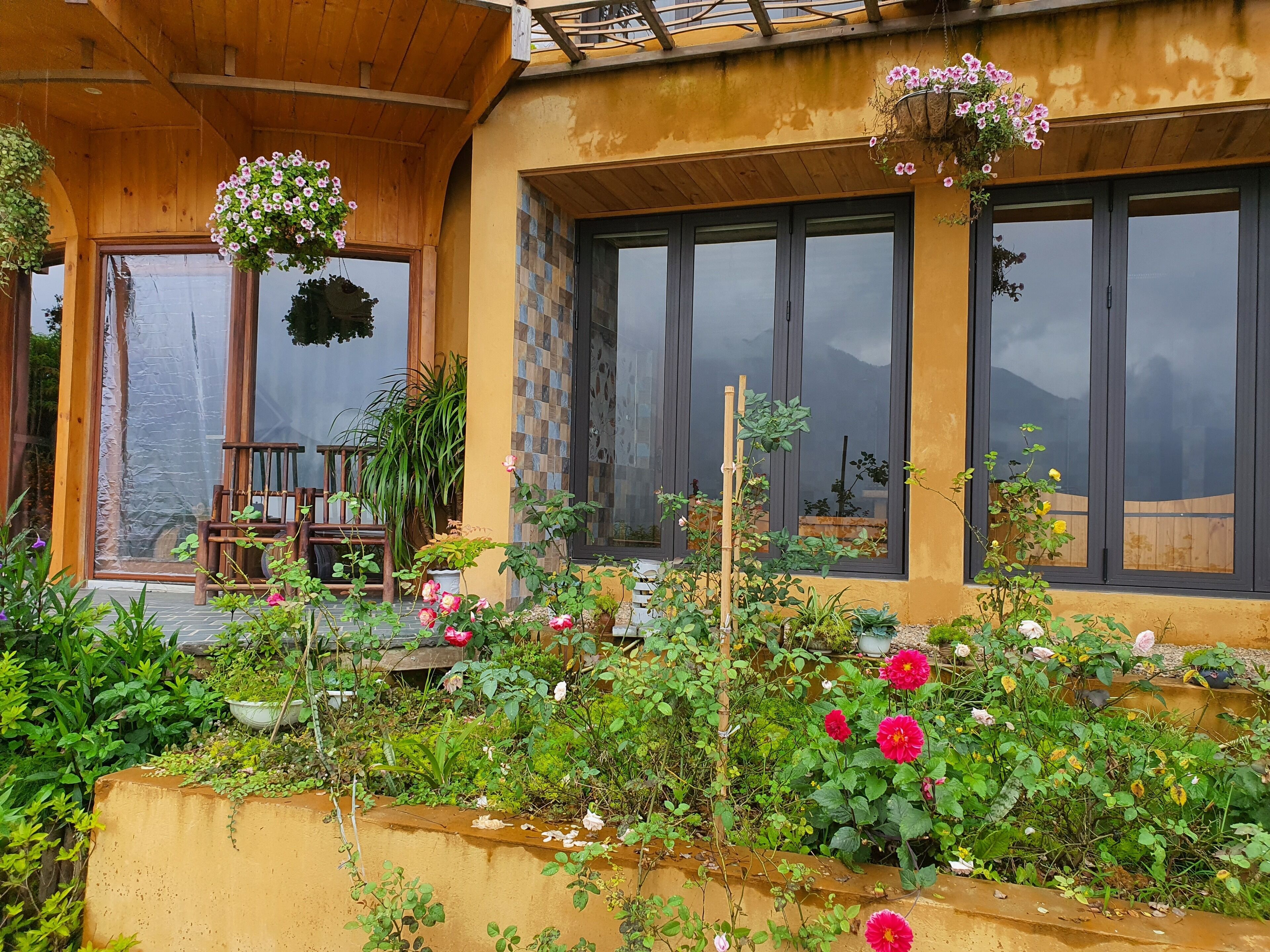 Ein Holzhäuschen mit großen Fenstern und einem Garten voller Pflanzen und Blumen.