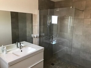 Chuveiro, secador de cabelo, sabonete, shampoo