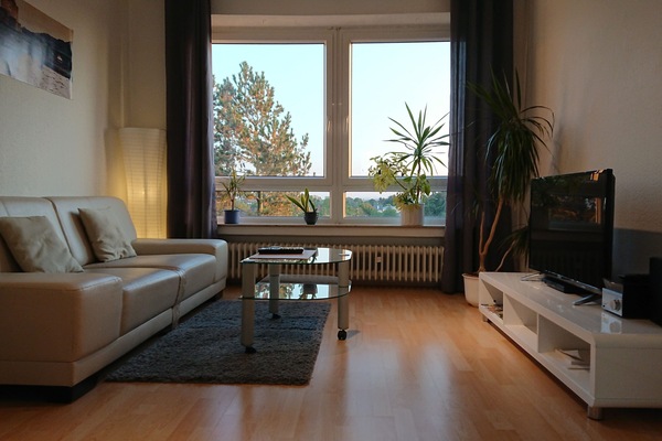 Wohnzimmer mit Smart-TV und Audio-System
