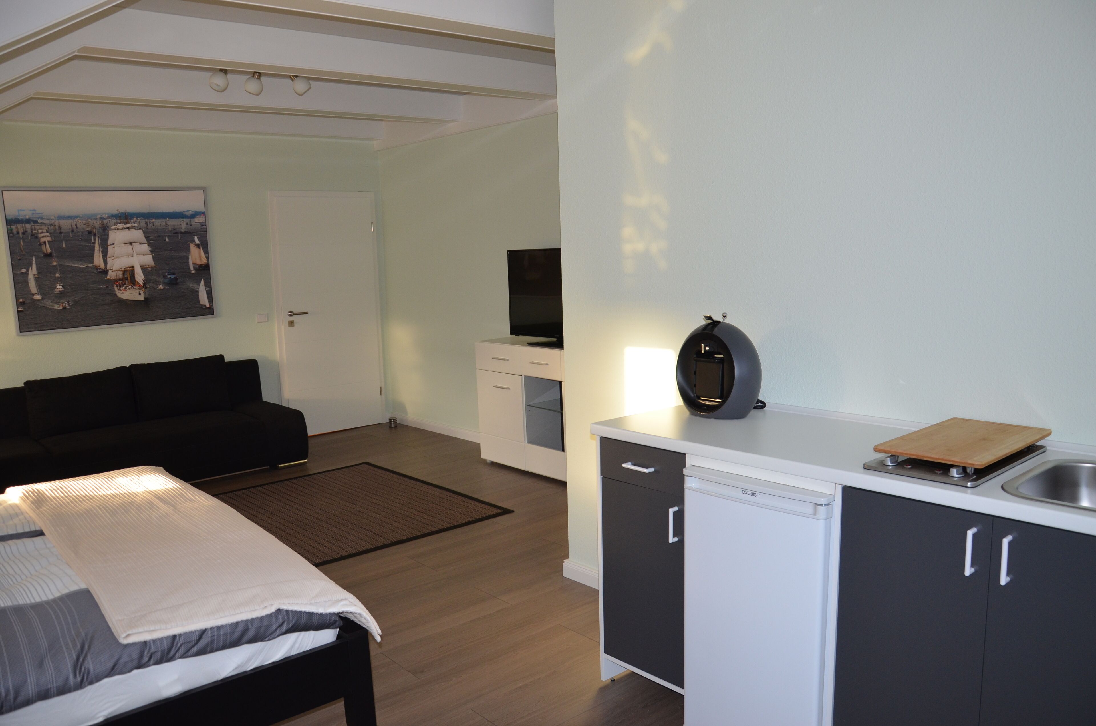 A compact living space with a bed, a sofa, a kitchenette, and a television.