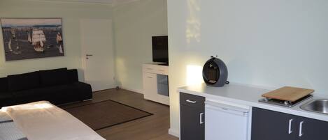 A compact living space with a bed, a sofa, a kitchenette, and a television.