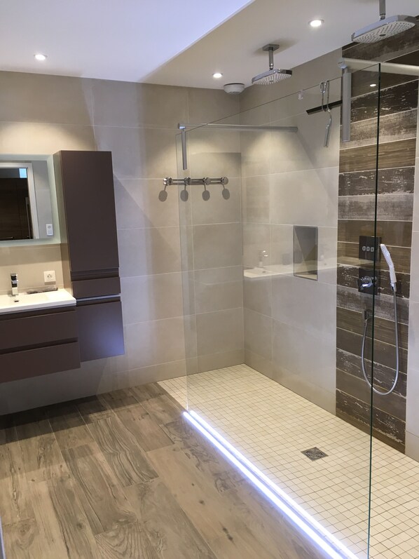 Combined shower/bathtub, hair dryer, towels