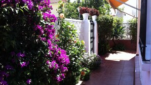A pathway flanked by vibrant bougainvillea and other plants, leading to a white gate with a black gate, and a tiled patio area.