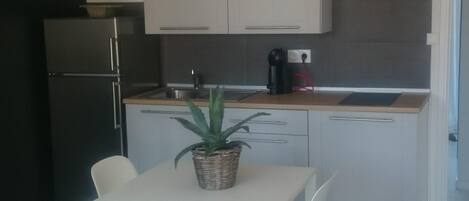 Fridge, microwave, stovetop, coffee/tea maker