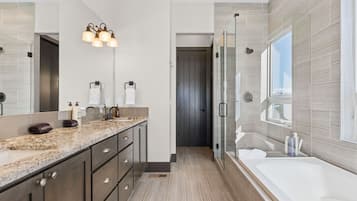 Combined shower/tub, hair dryer, towels