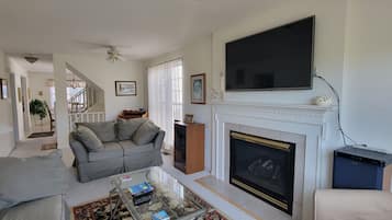 Smart TV, fireplace, video games, DVD player