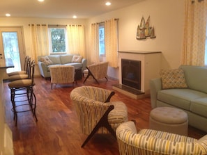 Smart TV, fireplace, books