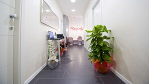 A hotel hallway with a reception desk, a computer, and potted plants. - Grey&White B&B (Rome)