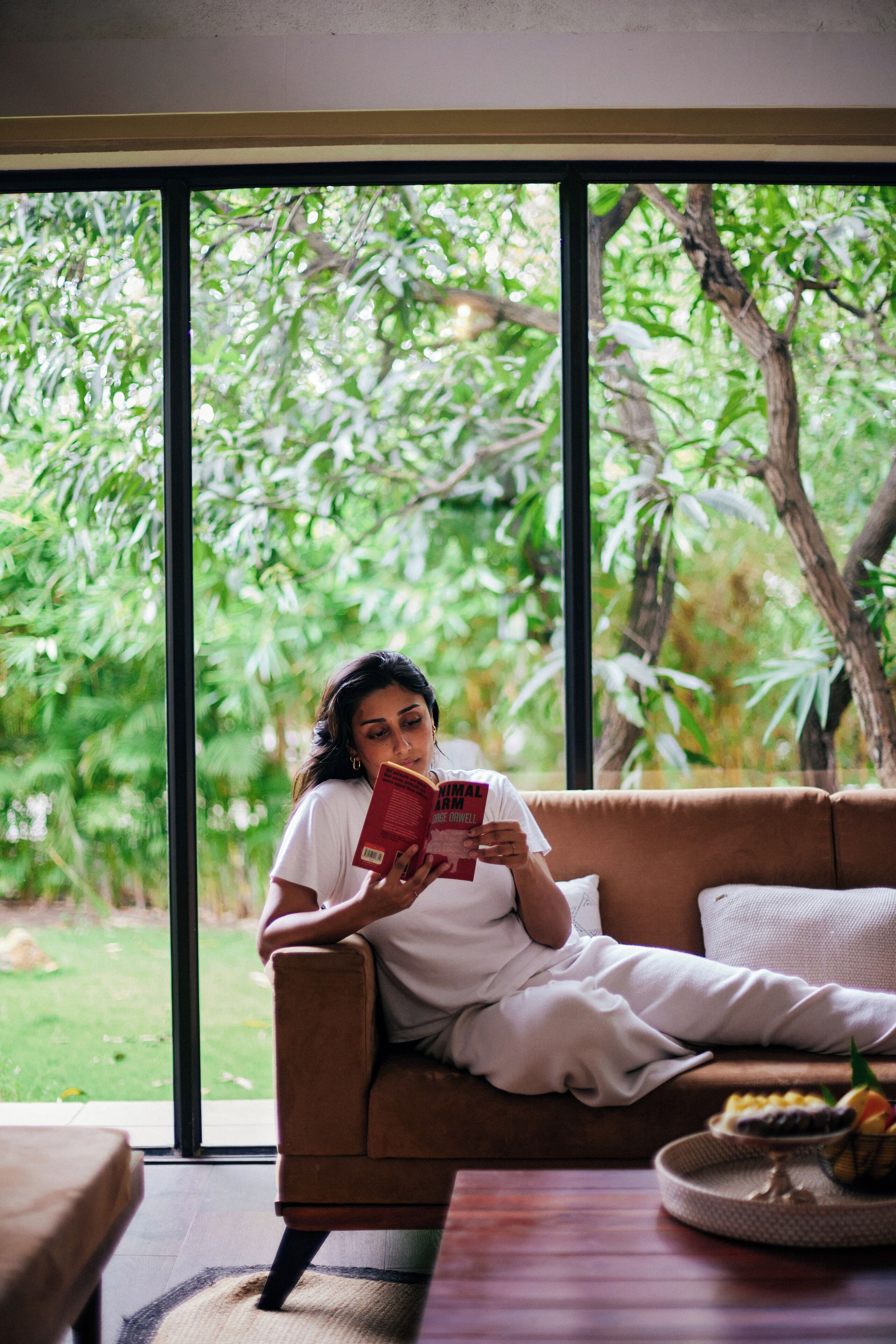 A person sitting on a couch by a large window with a view of greenery.