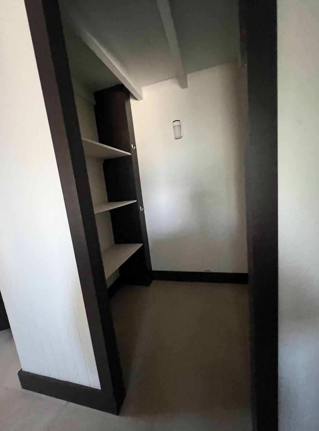 A narrow hallway with a built-in shelving unit on the left and a door at the end.