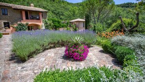 Un sendero de piedra conduce a una casa rústica con techo de tejas, rodeada de abundante follaje y plantas florecientes.