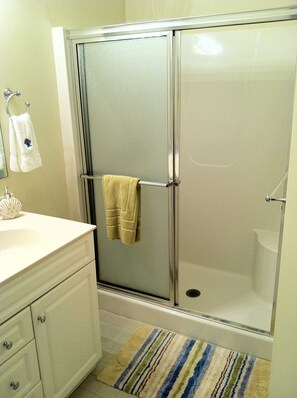 Duschwanne, Haartrockner, Seife, Toilettenpapier