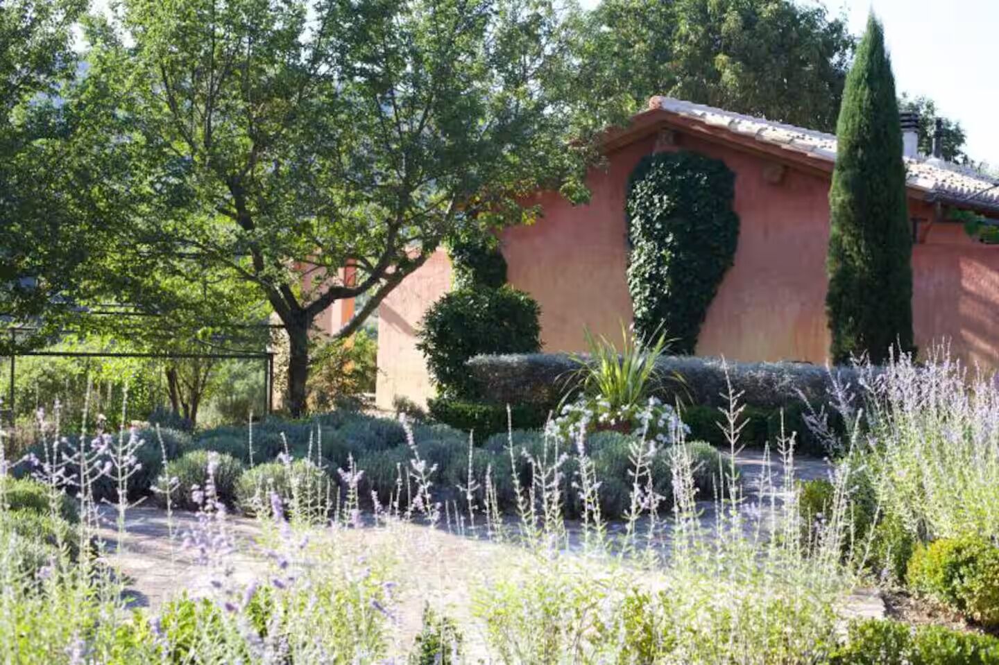 Un giardino con diverse piante e un edificio con tetto in tegole.