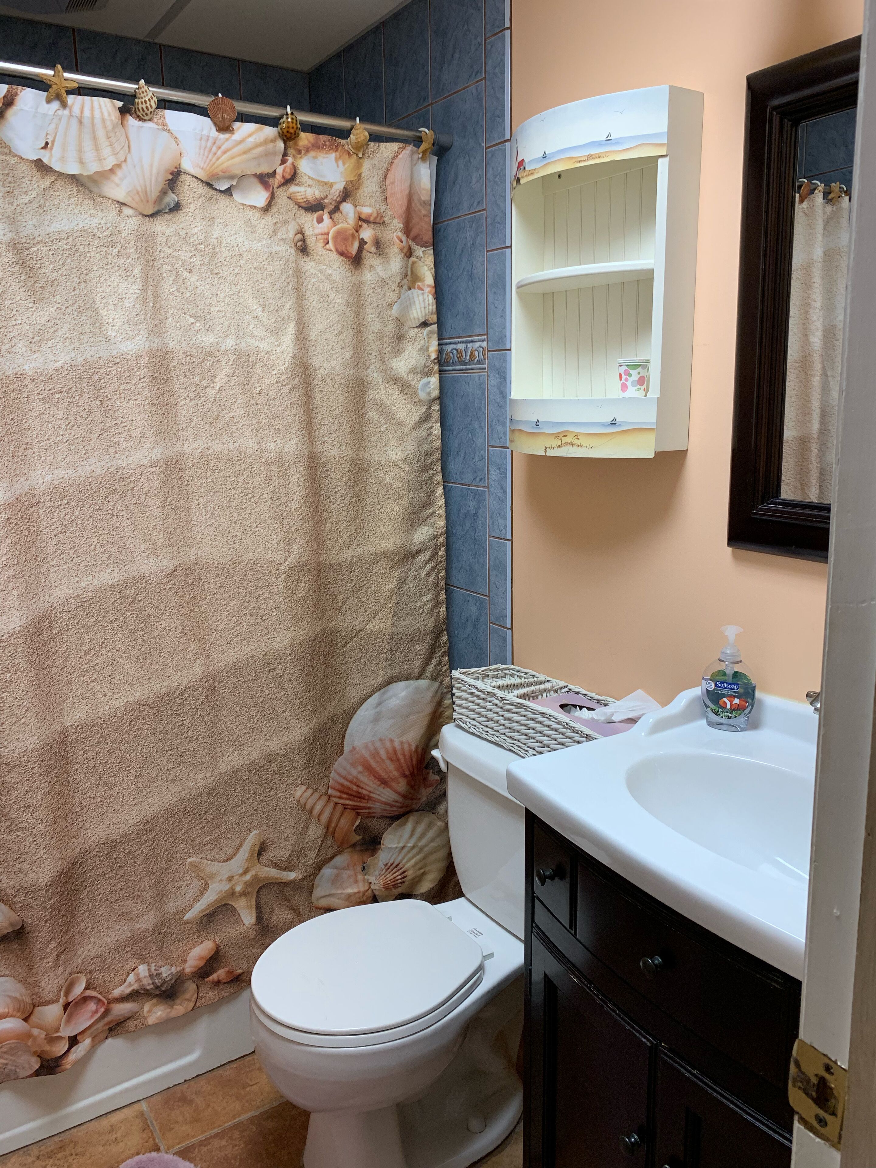 Un baño con cortina de ducha estampada con motivos de caracolas, inodoro, lavamanos con dispensador de jabón y espejo sobre el lavamanos.
