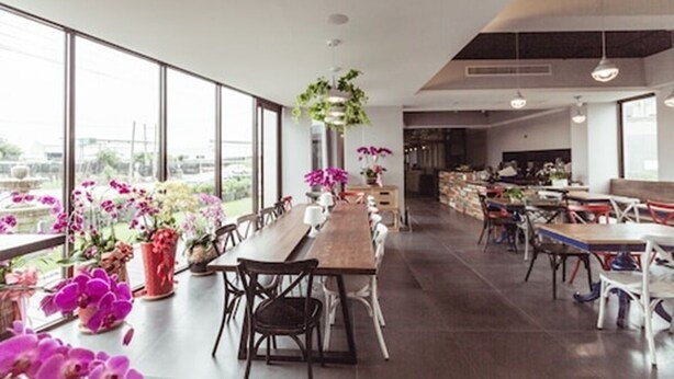 A spacious dining area with long tables and chairs, large windows offering a view of the outdoors, and potted plants adding greenery.