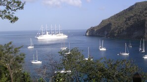 A large cruise ship docked at a harbor surrounded by smaller sailboats, with a mountainous coastline in the background.