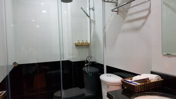 Shower, rainfall showerhead, designer toiletries, hair dryer