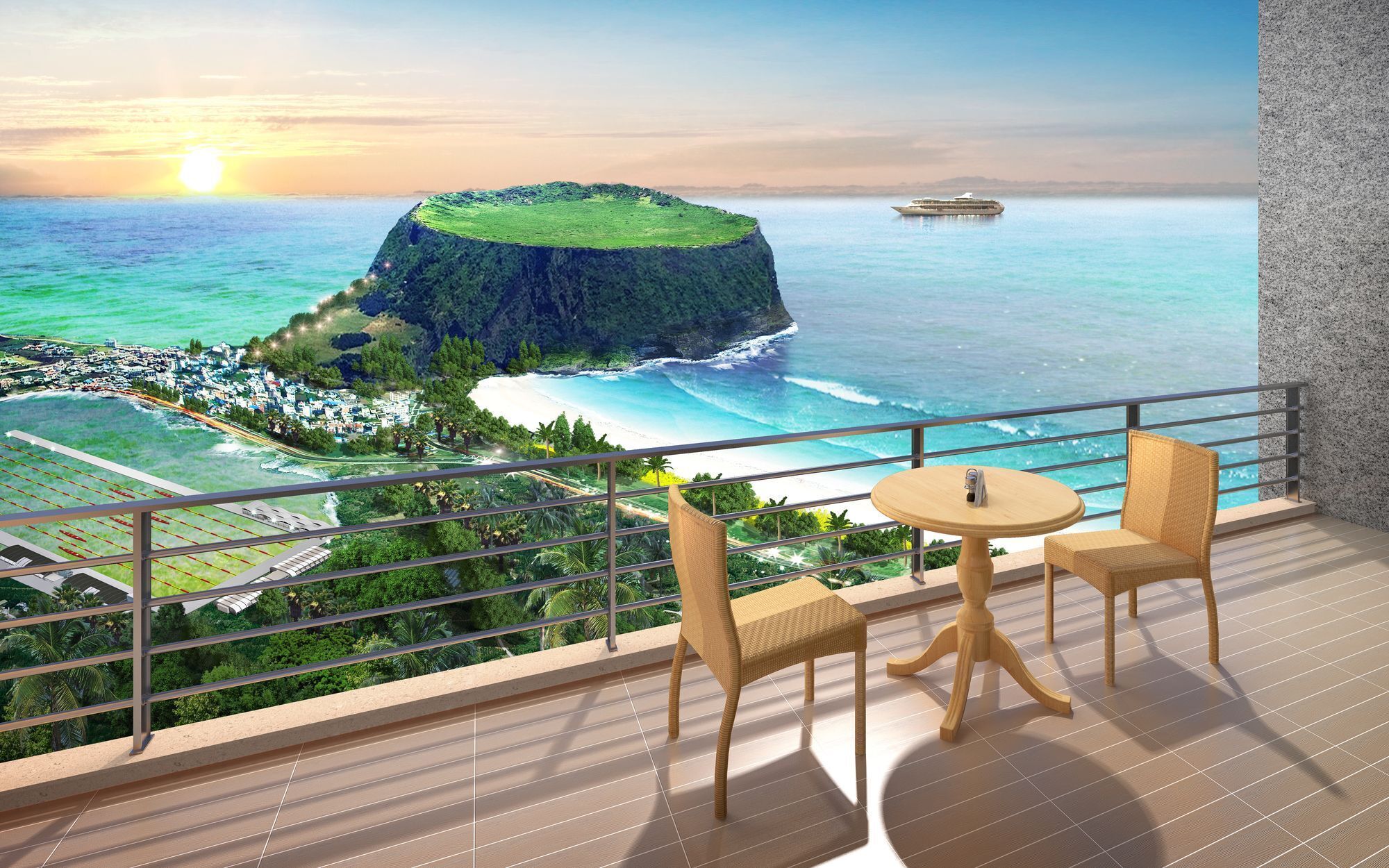 Un balcón con vistas a un paisaje costero, que incluye un acantilado y un crucero.