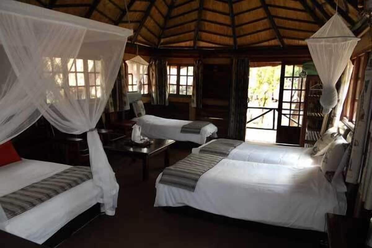 A room with two beds, each with a canopy, and a small table.