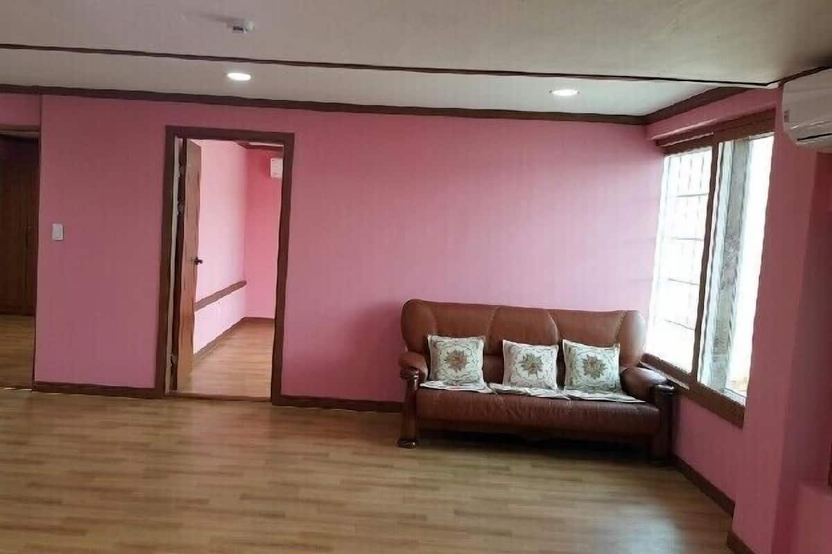 A room with pink walls, a wooden floor, a brown sofa with patterned cushions, and a window with curtains.