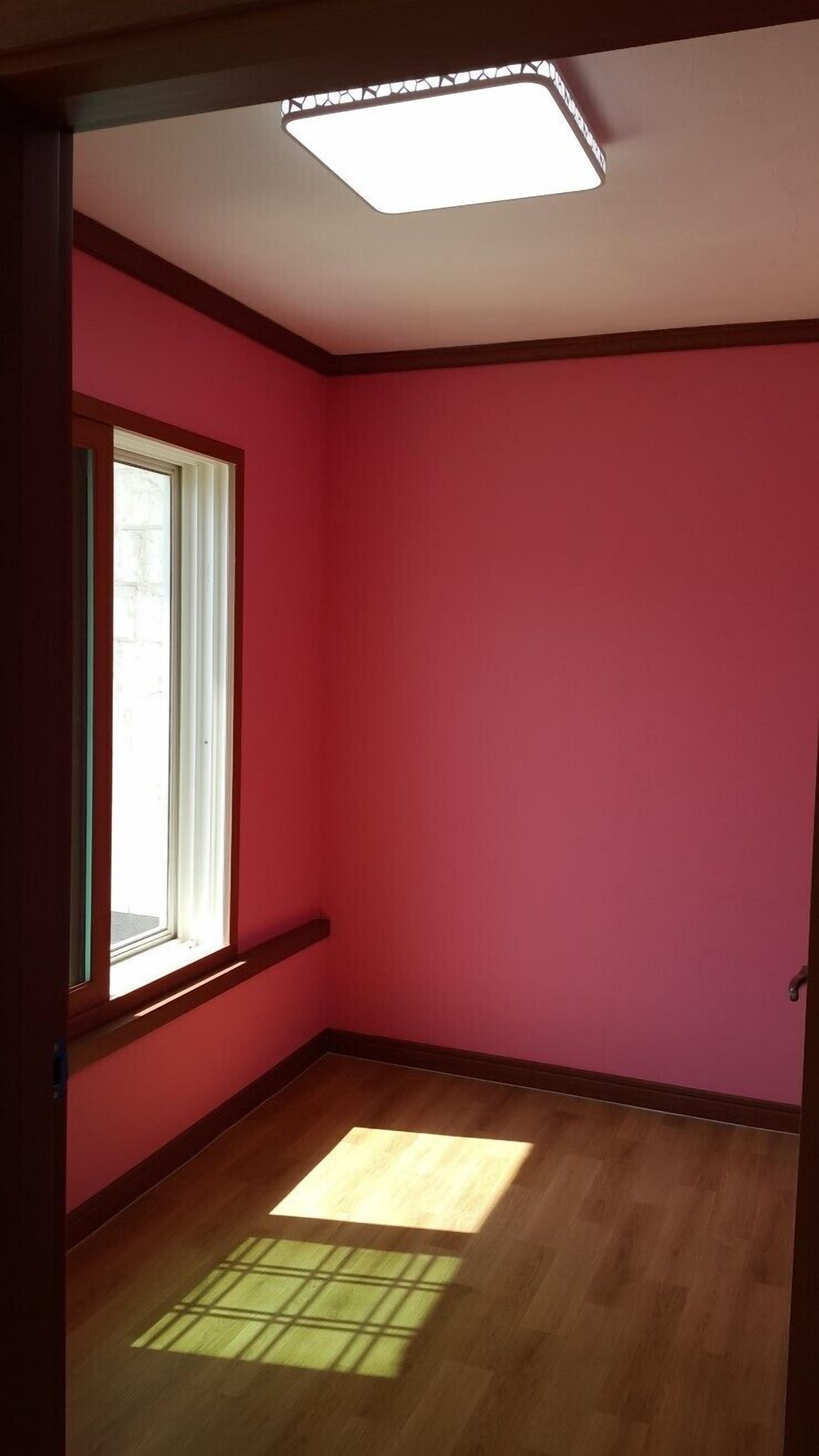 Ein Zimmer mit rosafarbenen Wänden, einem Fenster und einem Dachfenster.