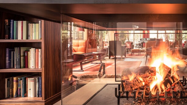 A cozy living area with a fireplace, a bookshelf, and comfortable seating. - Orania.Berlin (Berlin)