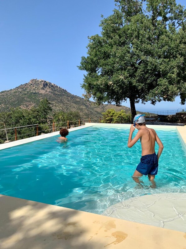 A swimming pool with clear blue water, surrounded by a stone deck and a metal fence. In the background, there is a large tree and a mountain. - Casale Margherita turismo rurale (Pollina)